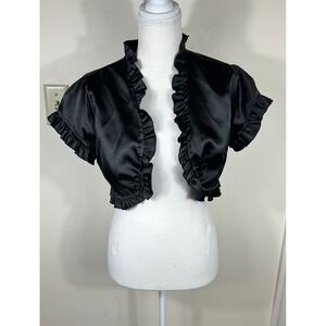 VTG Y2K Donutz Inc Satin Bolero Shrug Women L Black Ruffle Whimsigoth 90s USA